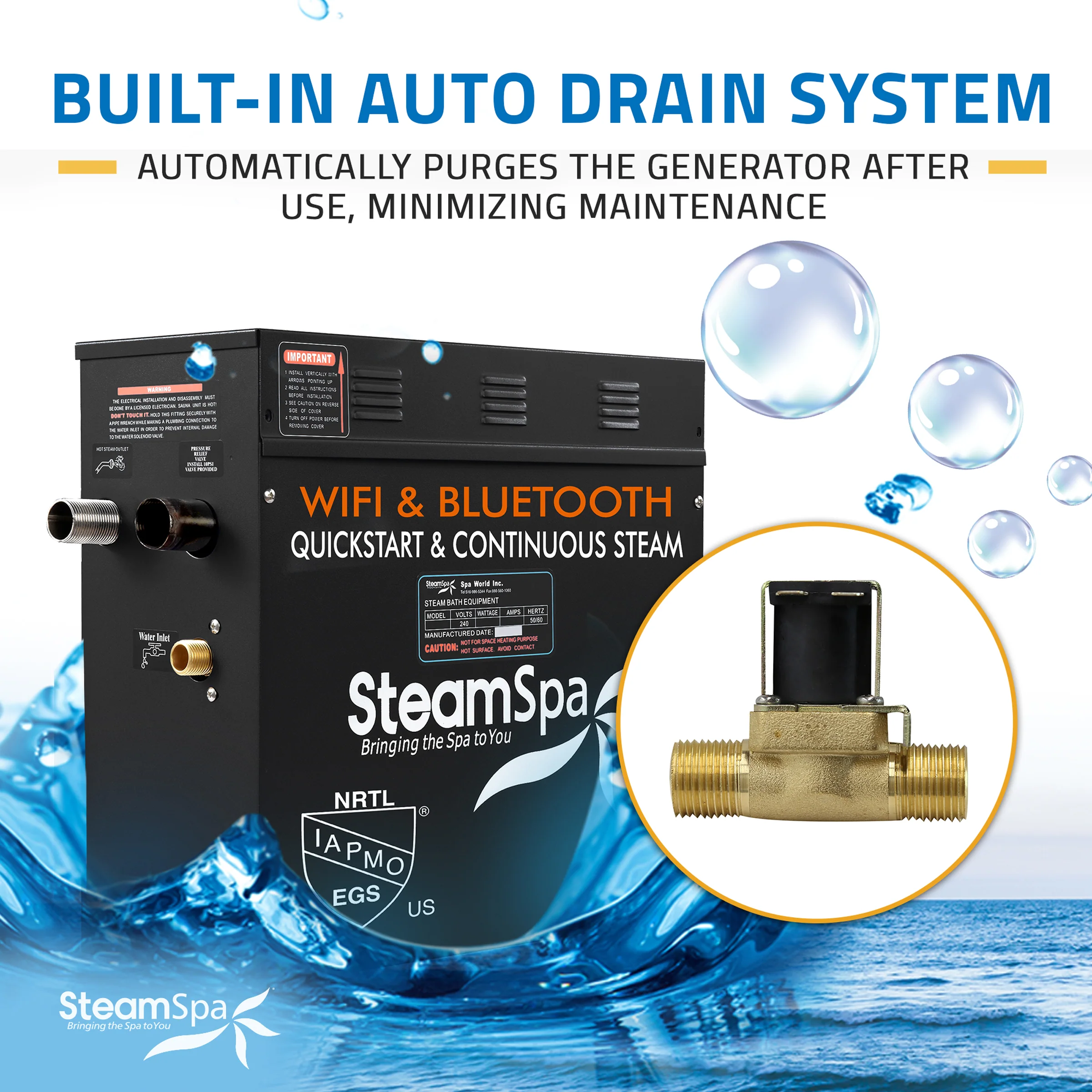 Black Series Steam Bath Generator with Wireless Controls, BLUETOOTH, WIFI, Auto Drain or Aroma Pump, and Multiple Finish Options - Image 7