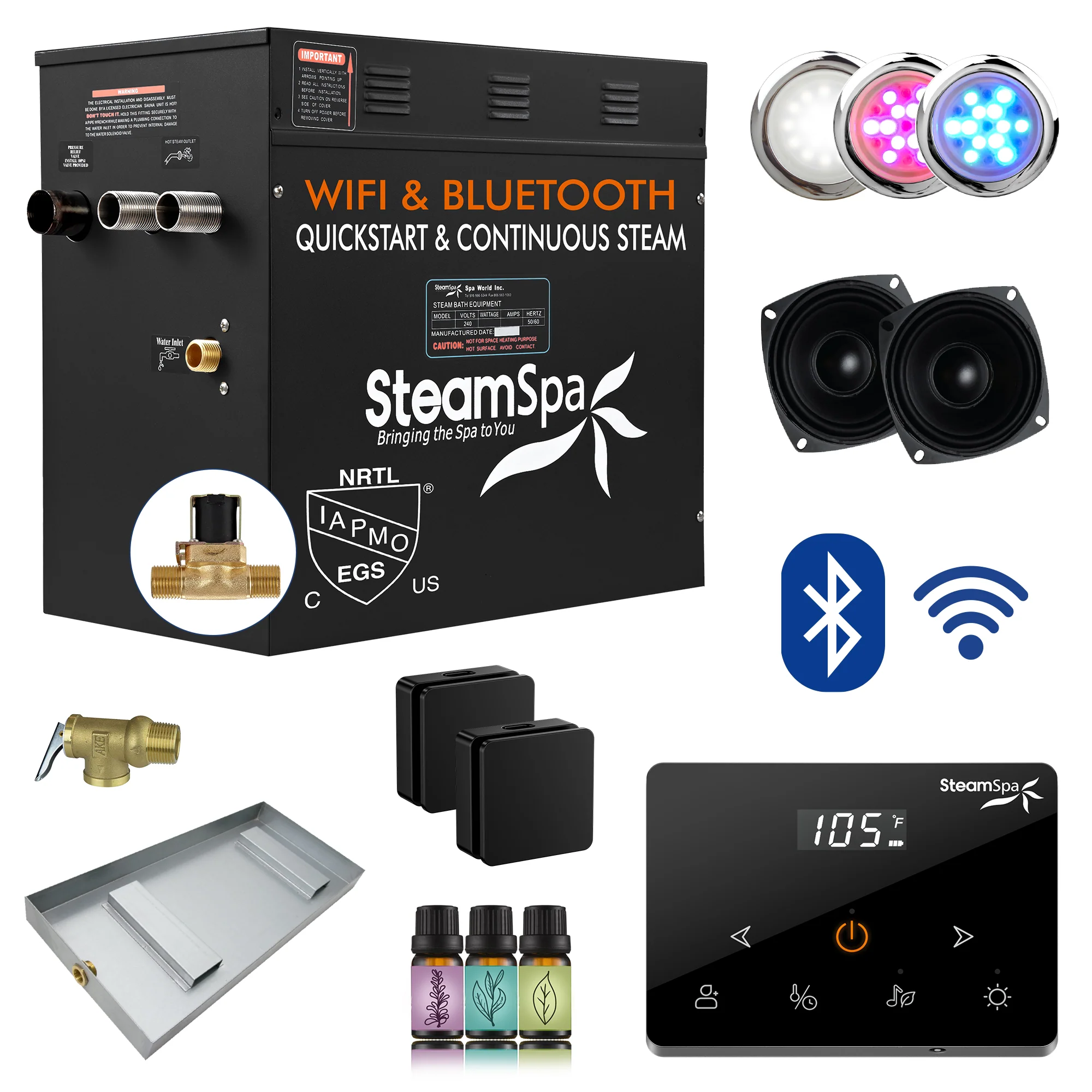 Black Series Steam Bath Generator with Wireless Controls, BLUETOOTH, WIFI, Auto Drain or Aroma Pump, and Multiple Finish Options - Image 13