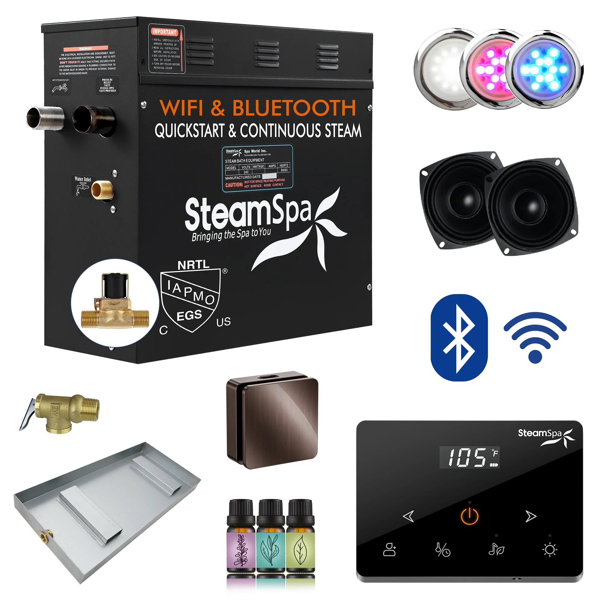 Black Series Steam Bath Generator with Wireless Controls, BLUETOOTH, WIFI, Auto Drain or Aroma Pump, and Multiple Finish Options - Image 29