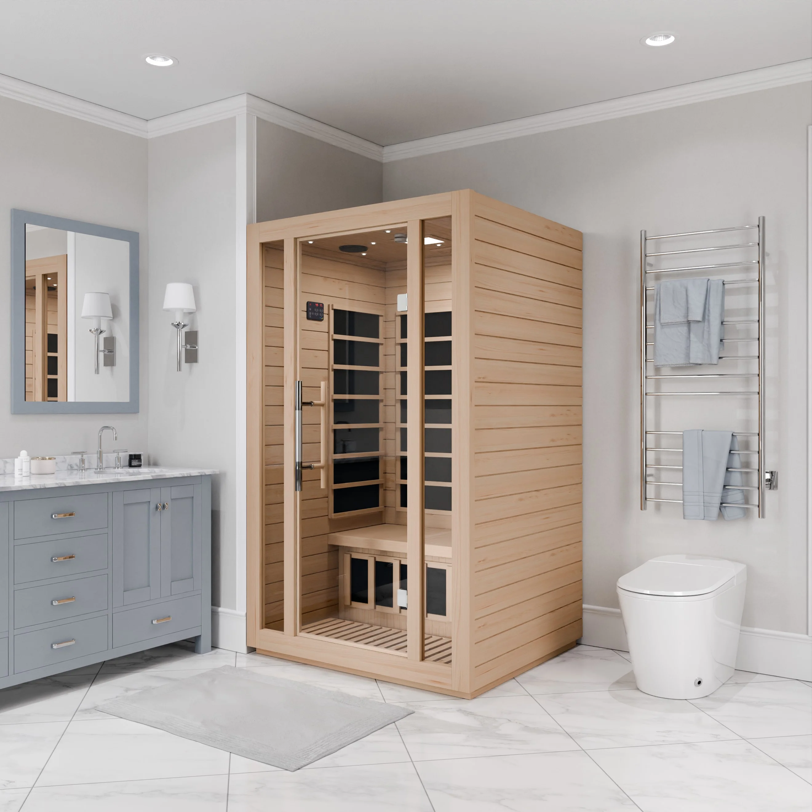 Maldives 2-Person Indoor Hemlock Wooden Low EMF Carbon FAR Infrared Home Sauna Room with LED Touch Control Panel - Image 4