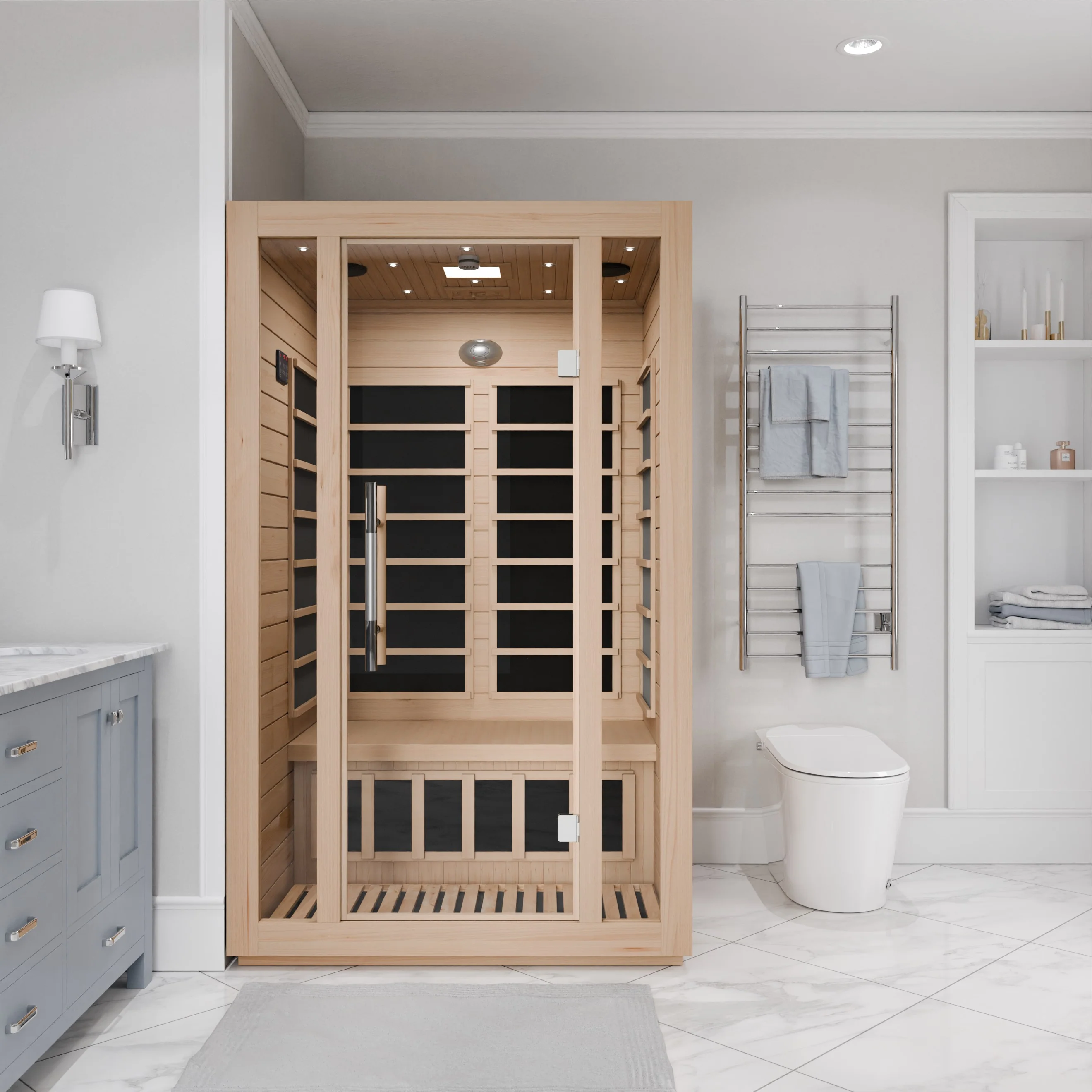 Maldives 2-Person Indoor Hemlock Wooden Low EMF Carbon FAR Infrared Home Sauna Room with LED Touch Control Panel - Image 5