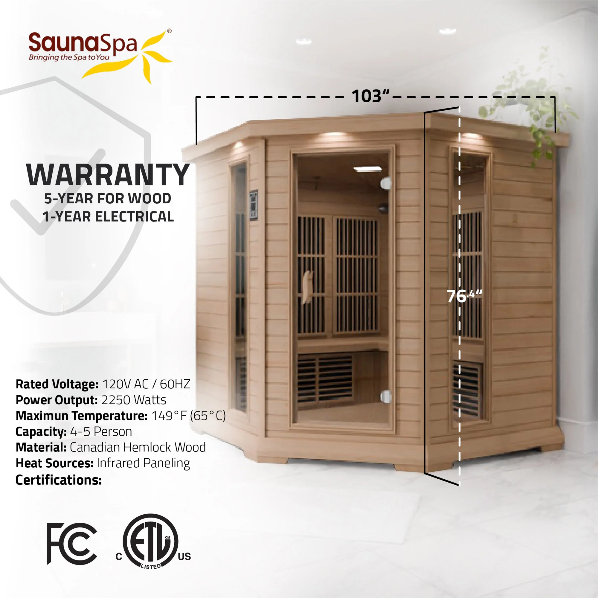 Mauritius 5-Person Carbon FAR Infrared Hemlock Wooden Indoor Home Sauna Room with LED Touch Control Panel - Image 12